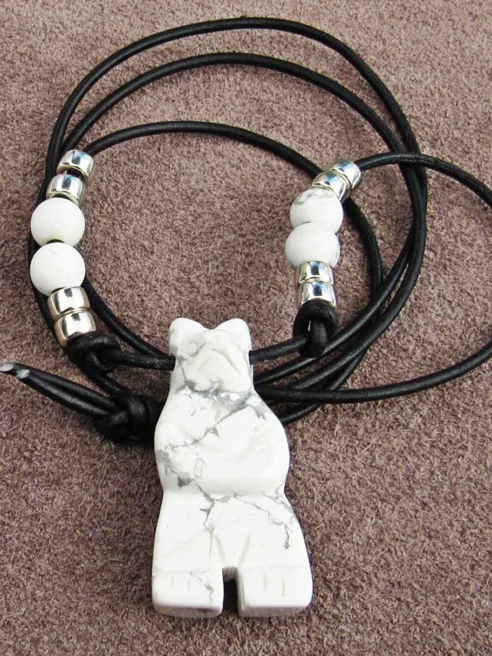 Carved Bear Totem Necklace White Howlite Real Stone Primitive Pendant Handmade